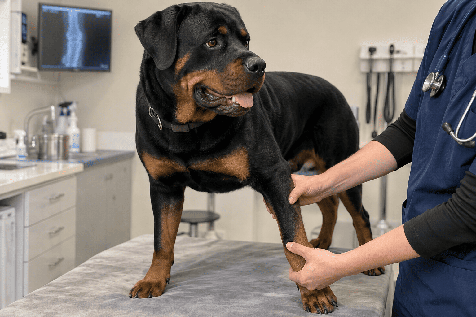 Veterinár šetrne vyšetruje prednú končatinu rotvajlera na klinike